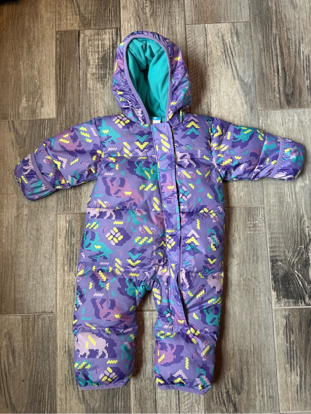 Purple Pixel-Print Puffer Baby Snowsuit